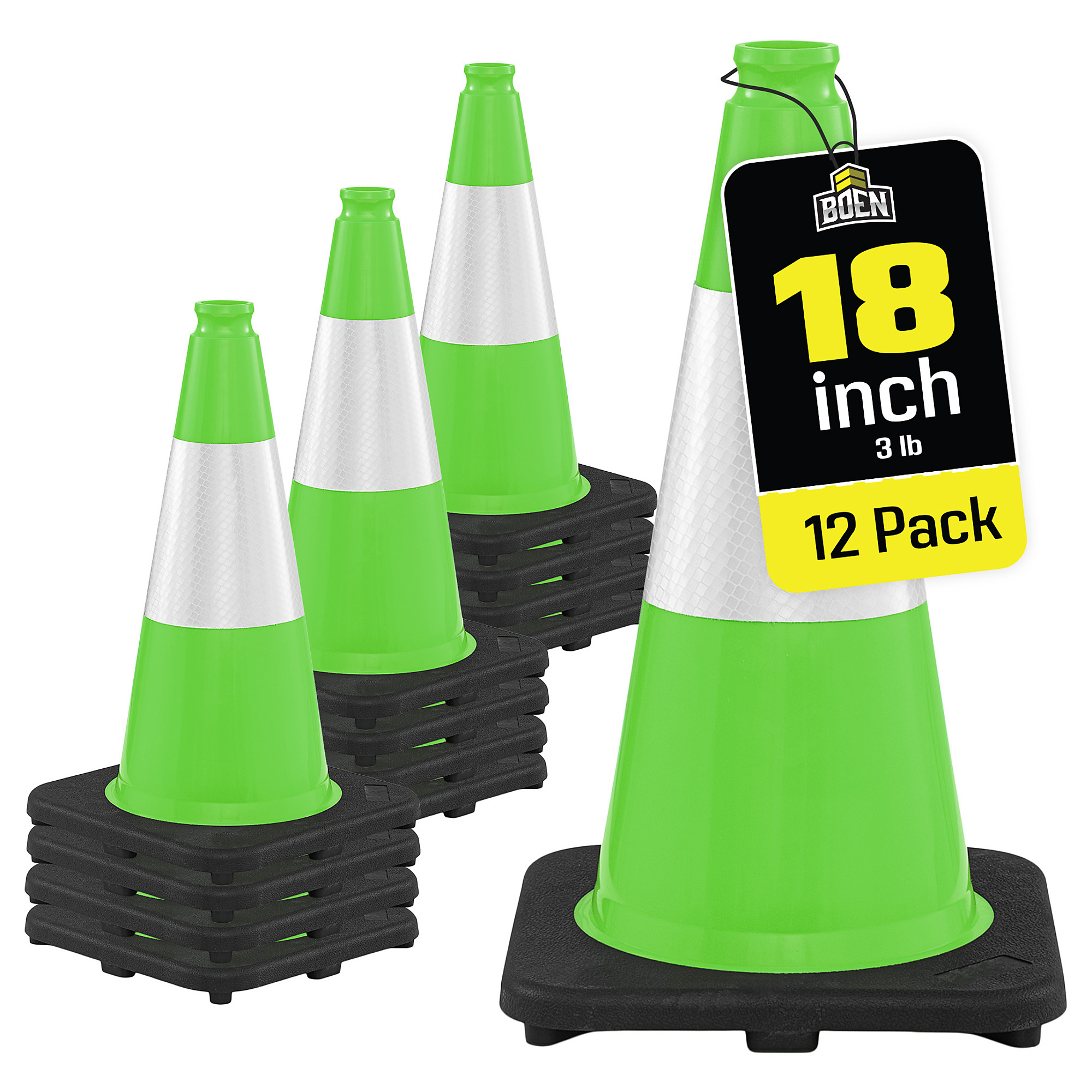 Boen 18 in, Lime Green Traffic Cone, 12-Pack, High-Visibility Safety Cones with Reflective Collar & Heavy-Duty Base for Parking, Events & Traffic Control
